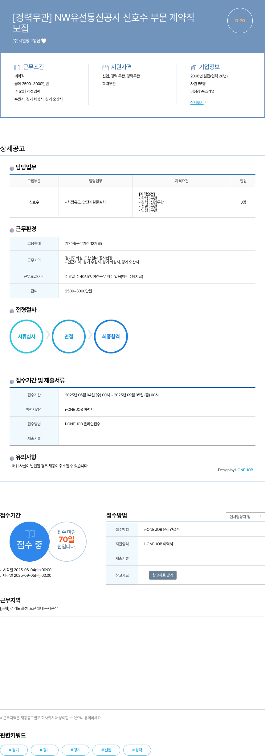 시열정보통신 [경력 무관] NW 유선 통신 공사 신호수 부문 계약직 채용공고