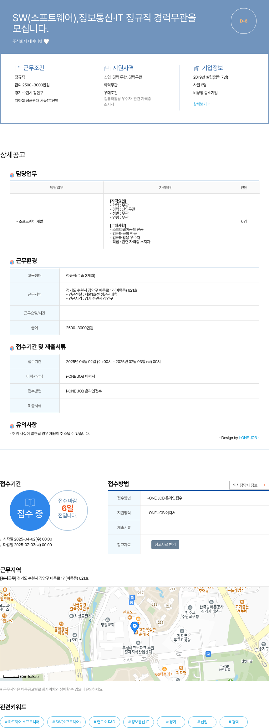 데이터넷 SW(소프트웨어), 정보통신·IT 정규직 경력 무관 채용 채용공고