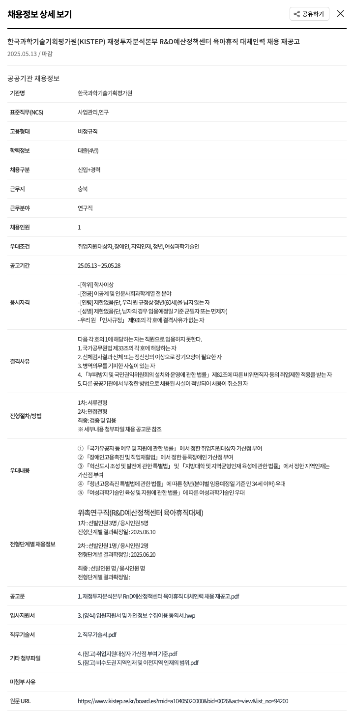 한국과학기술기획평가원 재정투자분석본부 R&D 예산정책센터 육아휴직 대체인력 채용 재공고 채용공고