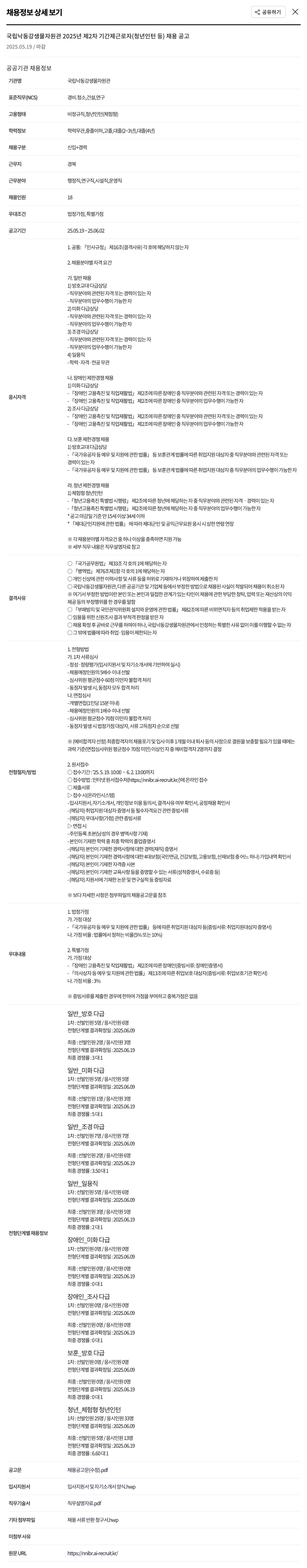 국립낙동강생물자원관 2025년 제2차 기간제 근로자(청년 인턴 등) 채용 공고 채용공고