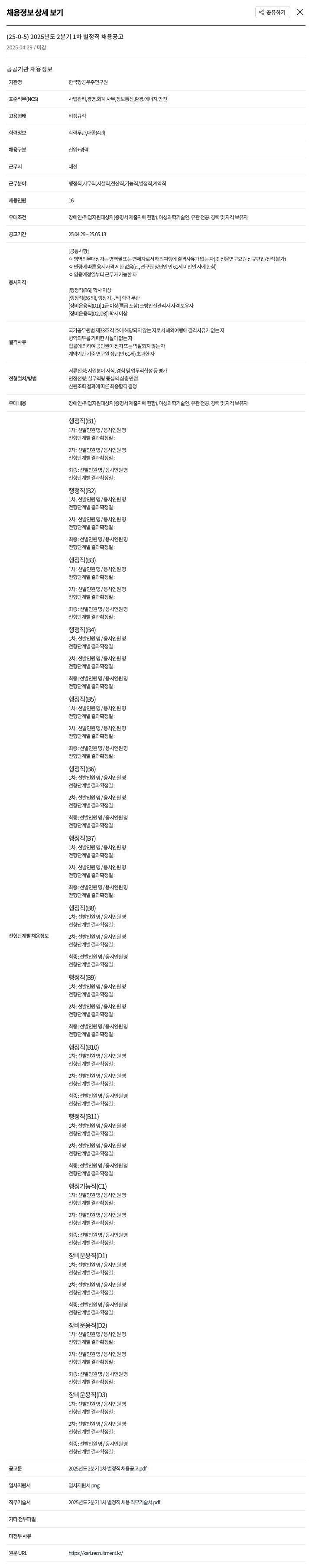 한국항공우주연구원 2025년도 2분기 1차 별정직 채용 공고 채용공고