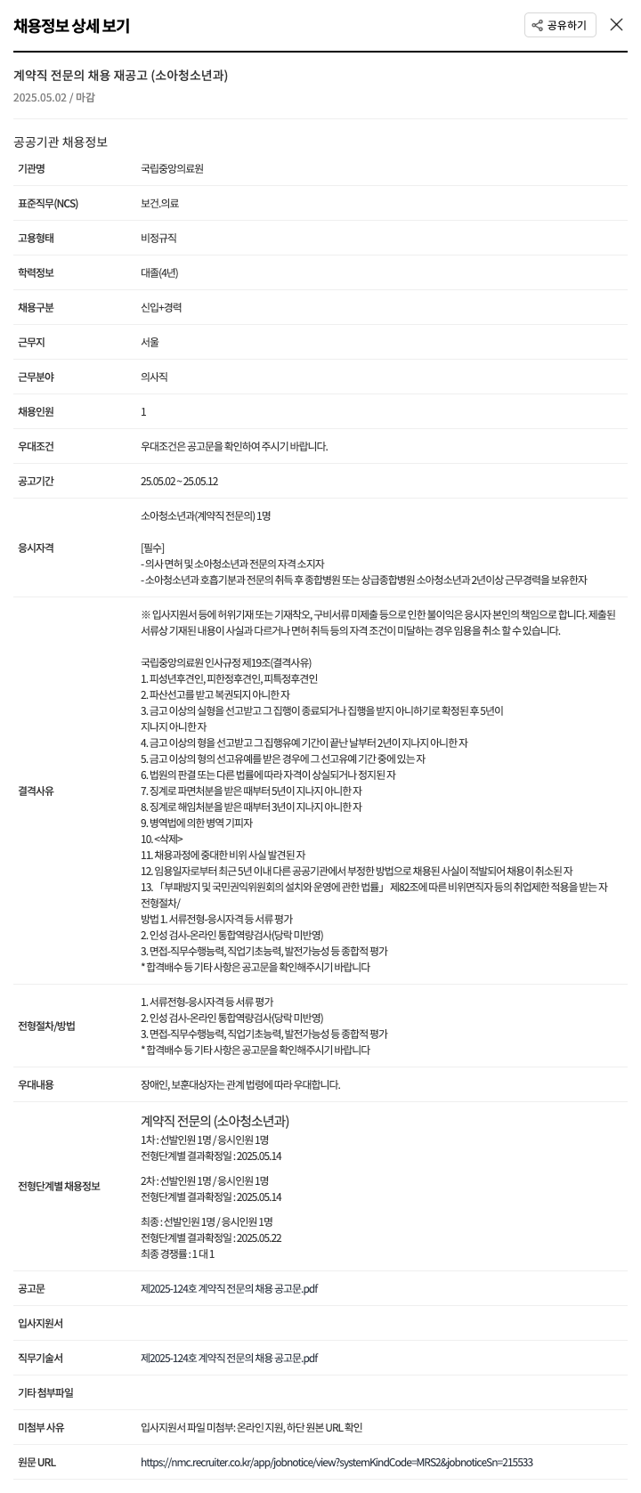 국립중앙의료원 계약직 전문의 채용 재공고 (소아청소년과) 채용공고