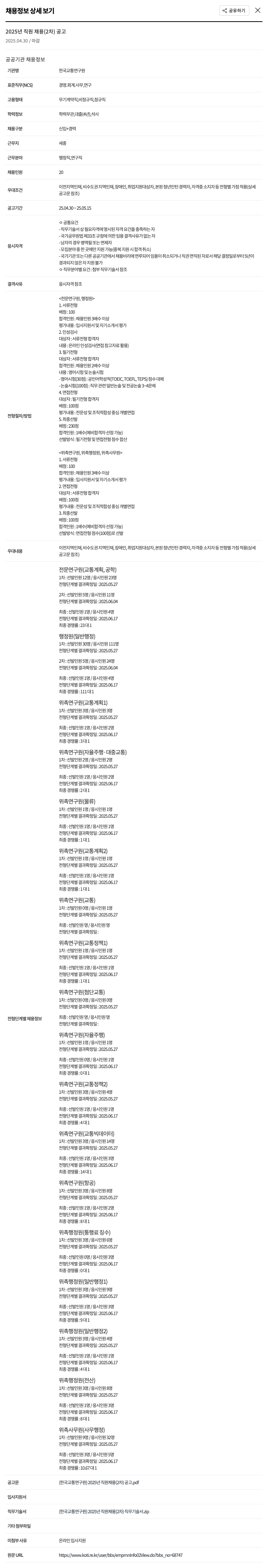 한국교통연구원 2025년 직원 채용(2차) 공고 채용공고