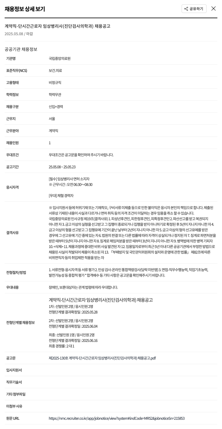 국립중앙의료원 계약직 - 단시간 근로자 임상 병리사 (진단검사의학과) 채용 공고 채용공고