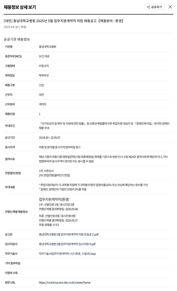 충남대학교병원 2025년 5월 업무 지원 계약직 직원 채용 공고 [채용 분야: 환경] 채용공고