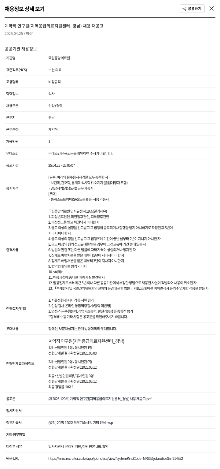 국립중앙의료원 계약직 연구원 (지역 응급 의료 지원 센터_경남) 채용 재공고 채용공고
