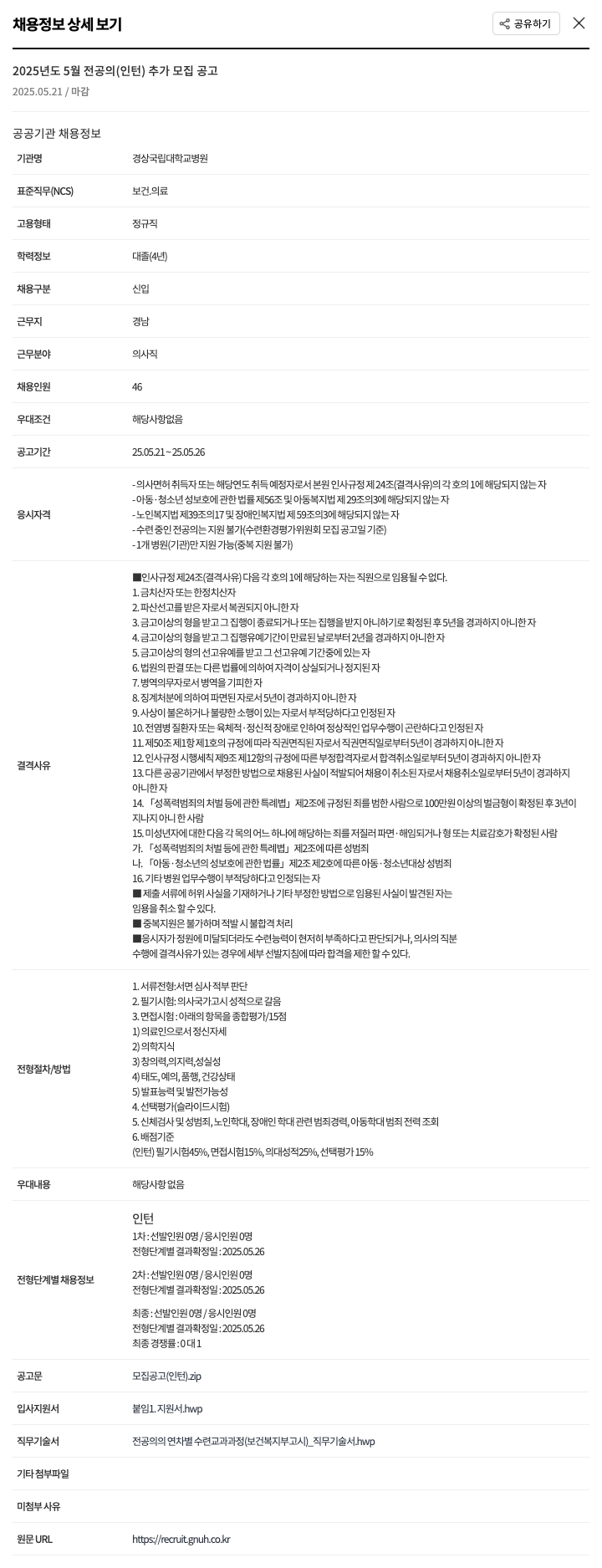 경상국립대학교병원 2025년도 5월 전공의(인턴) 추가 모집 공고 채용공고