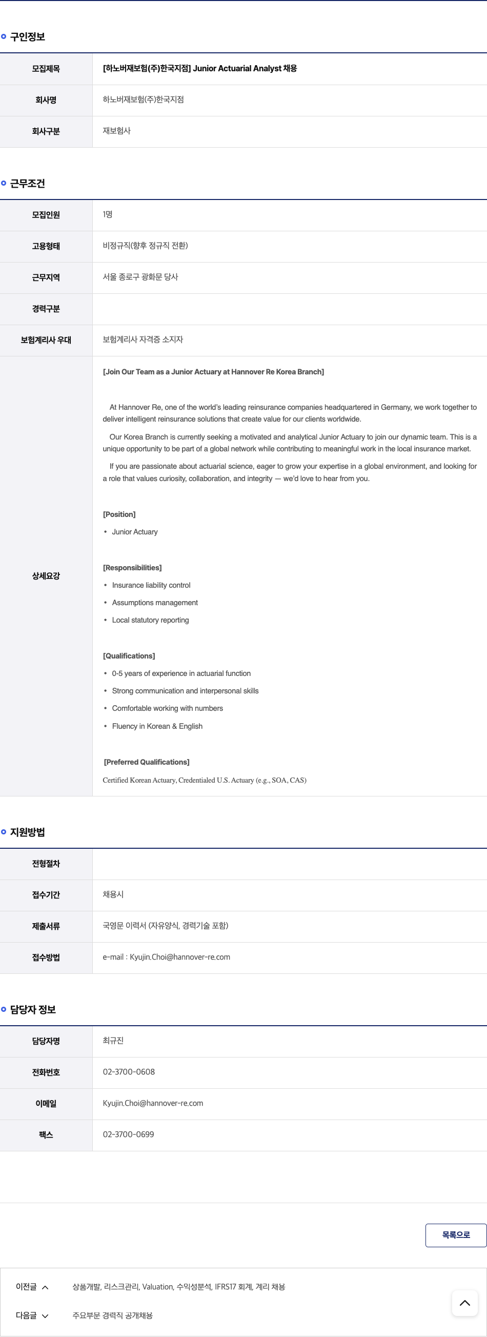 하노버재보험한국지점 Junior Actuarial Analyst 채용 채용공고