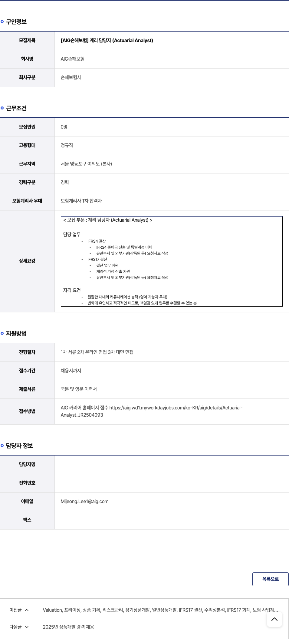 AIG손해보험 계리 담당자 (Actuarial Analyst) 채용 채용공고