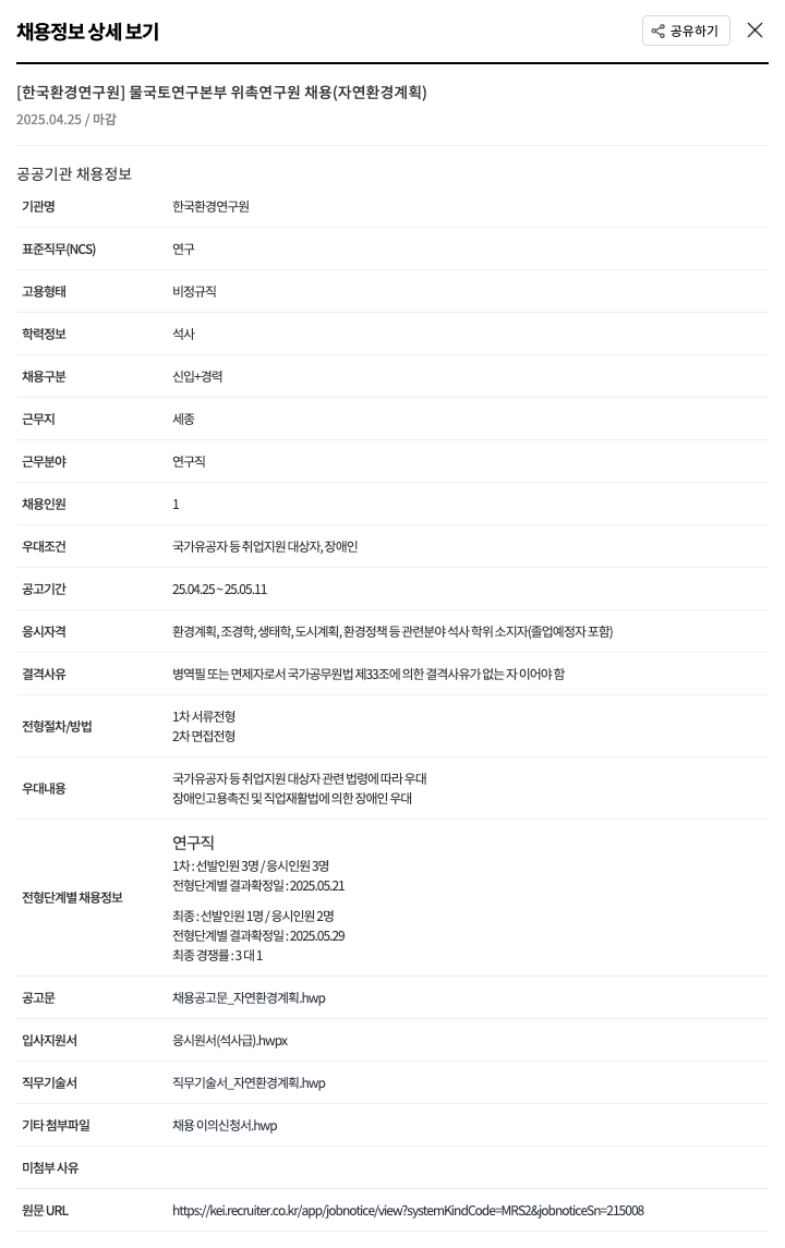 한국환경연구원 물 국토 연구 본부 위촉 연구원 채용 (자연 환경 계획) 채용공고