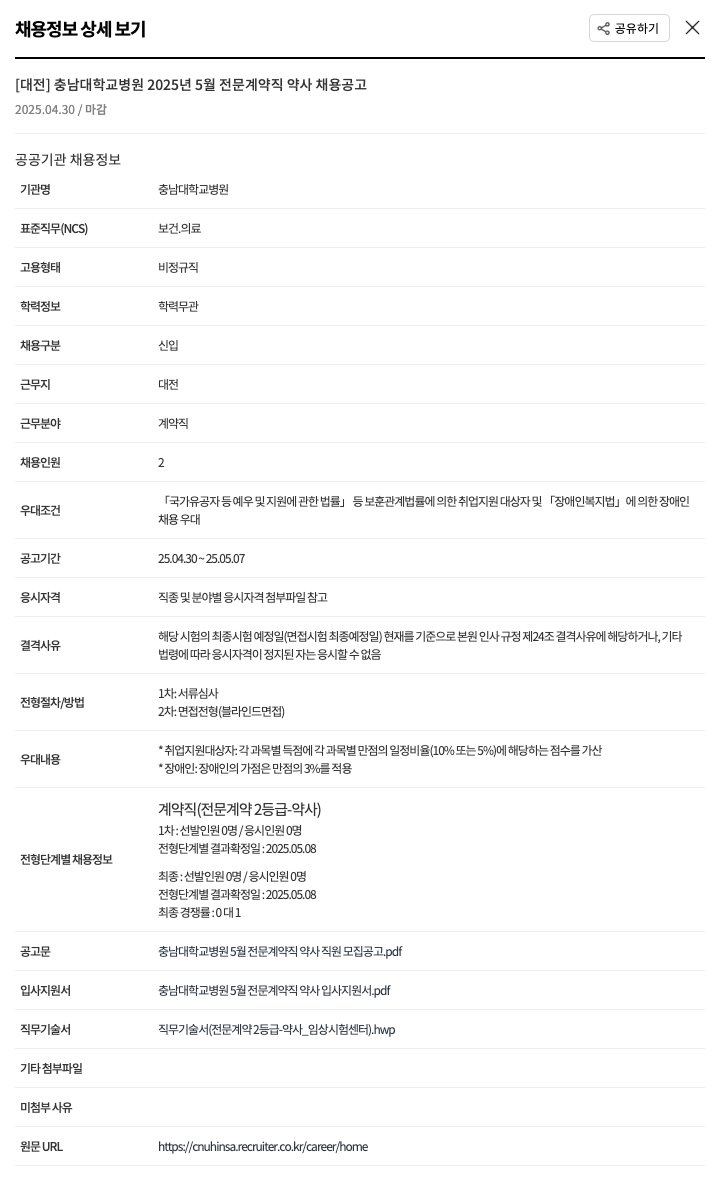 충남대학교병원 2025년 5월 전문 계약직 약사 채용 공고 채용공고