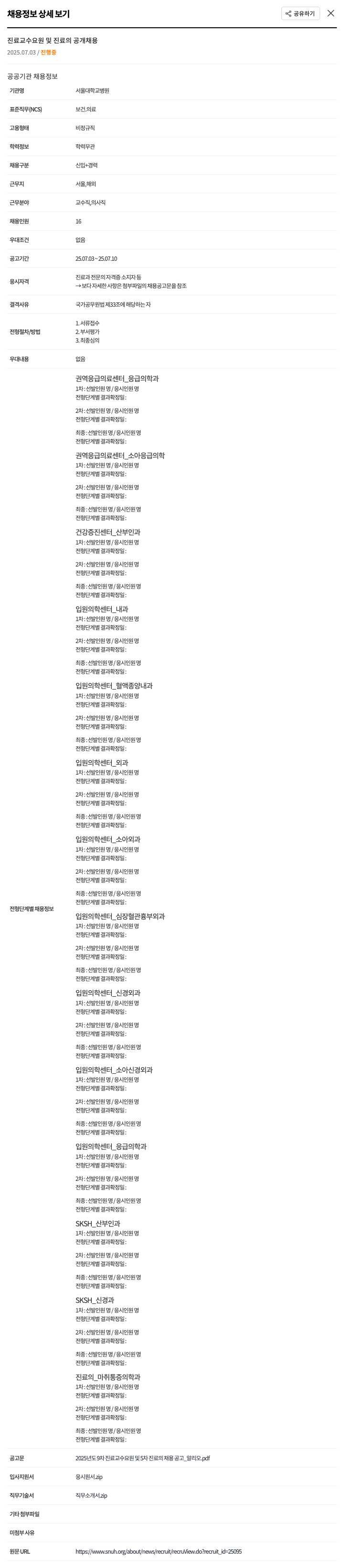 서울대학교병원 진료 교수 요원 및 진료의 공개 채용 채용공고