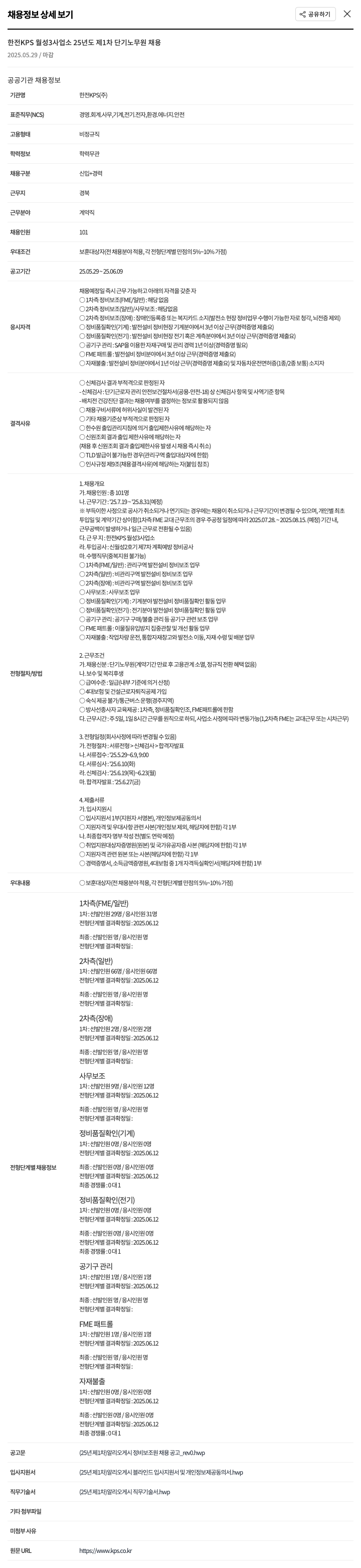 한전KPS 한전 KPS 월성 3사업소 2025년도 제1차 단기 노무원 채용 채용공고