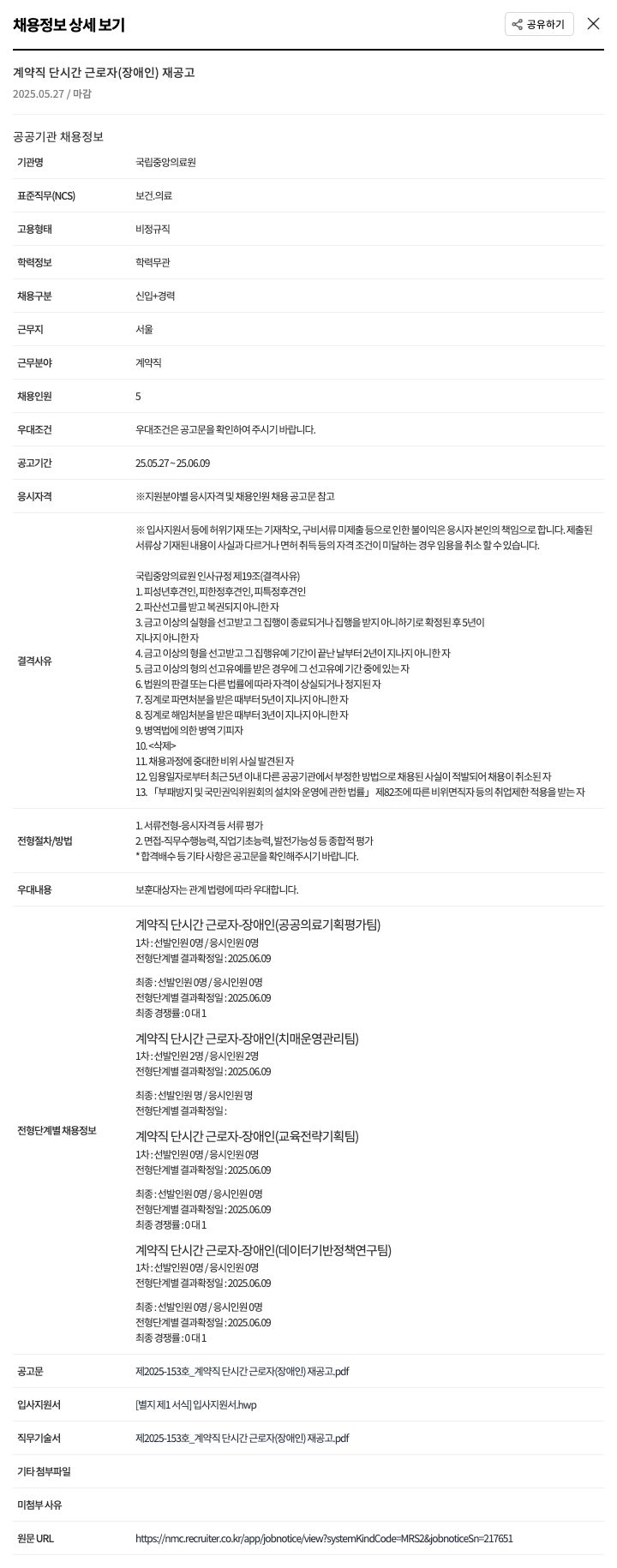 국립중앙의료원 계약직 단시간 근로자(장애인) 재공고 채용공고