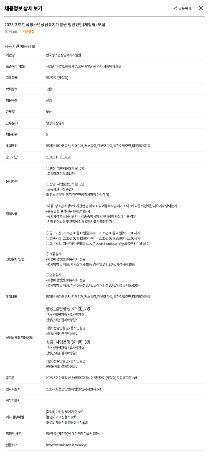 한국청소년상담복지개발원 2025-3 호 한국 청소년 상담 복지 개발원 청년 인턴 (체험형) 모집 채용공고