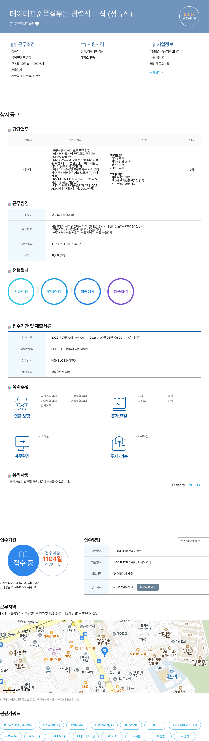 한국정보기술단 데이터 표준 품질 부문 경력직 모집 (정규직) 채용공고