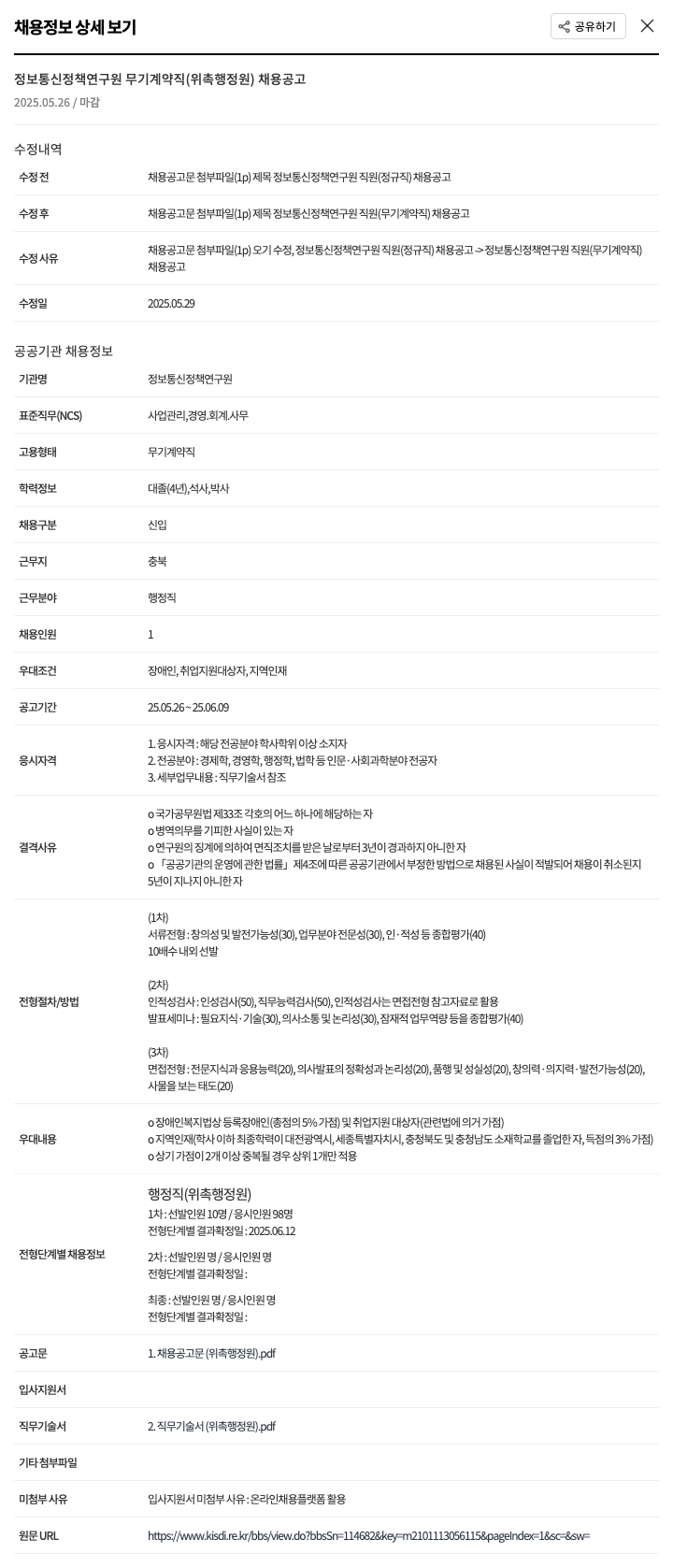 정보통신정책연구원 정보통신정책연구원 무기계약직(위촉 행정원) 채용 공고 채용공고
